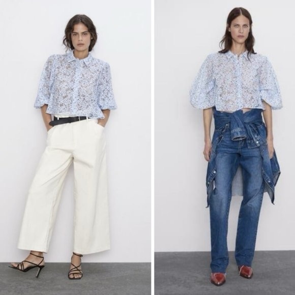 Zara Floral Blue Organza Puff Sleeve Sheer Cropped Blouse Size XS - Picture 9 of 16